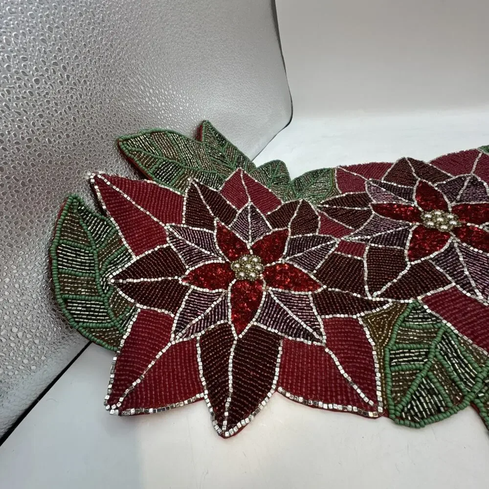 Holiday Theme Beaded Multicolor Table Runner Polyester Back 13